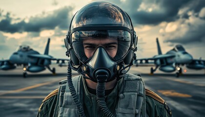Fototapeta premium Airfield scene with a fighter pilot geared up for rapid deployment.