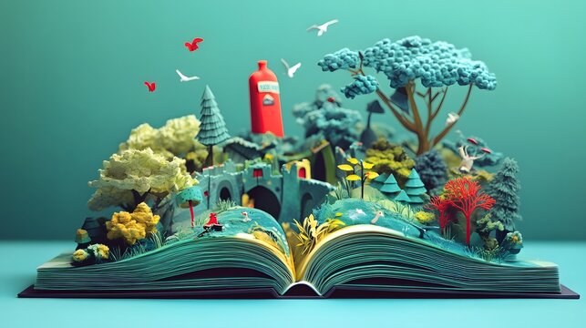 A playful pop-up book style artwork where characters spring from flat 2D pages