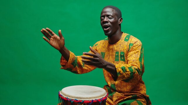 A drummer energetically striking a hand drum creating rhythm. - Powered by Adobe