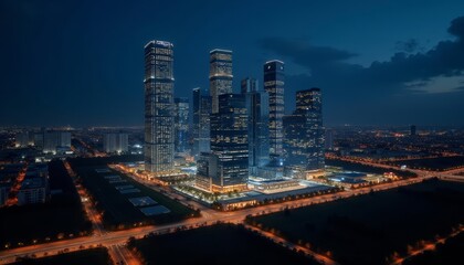 Obraz premium Modern cityscape at night illuminated skyscrapers and urban lights