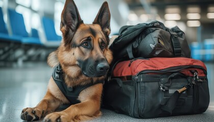 Police dog searches bags at an airport, contributing to overall safety.