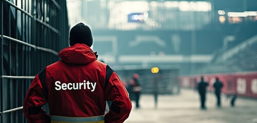 Back view of security personnel at a sports venue, jacket marked "Security."