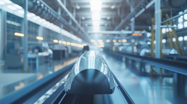 A futuristic hyperloop pod accelerating through a vacuum tube in an advanced research facility, Industrial setting with high-tech laboratories and futuristic infrastructure, Photo of