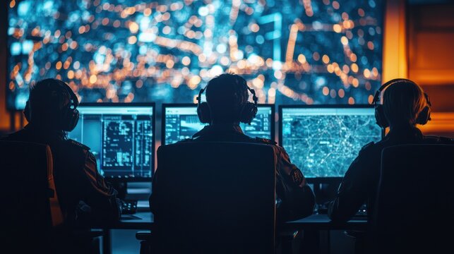 Radar control room with operators monitoring airspace security.