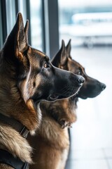 Trained police dogs at an airport perform an essential security check for explosives.