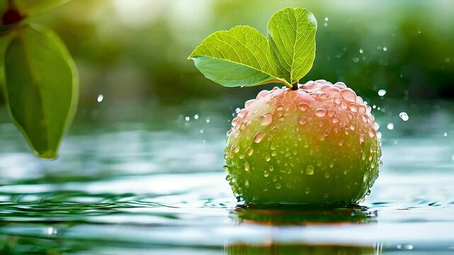 A green apple  is sitting in  a body of water , with  water droplets  falling from it.