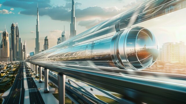 A futuristic hyperloop pod speeding through a transparent tube above a bustling city skyline, Urban setting with advanced infrastructure and high-tech cityscape, Photo of