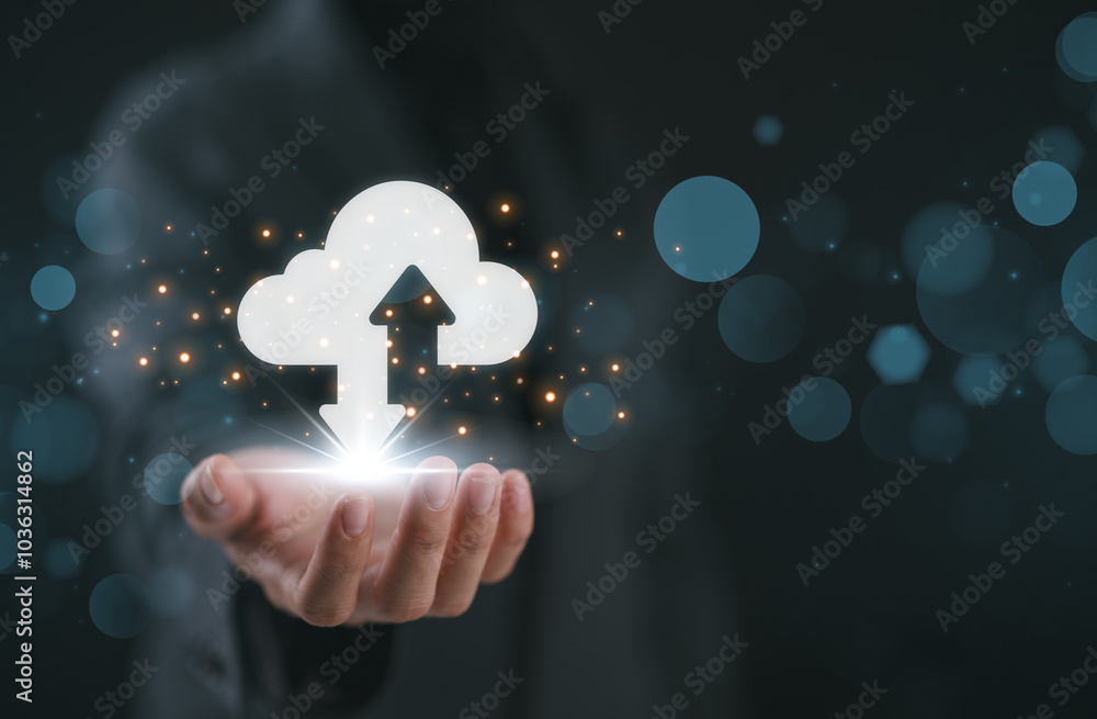 Fototapete hand holding to virtual artificial intelligence with cloud computing technology transformation and i