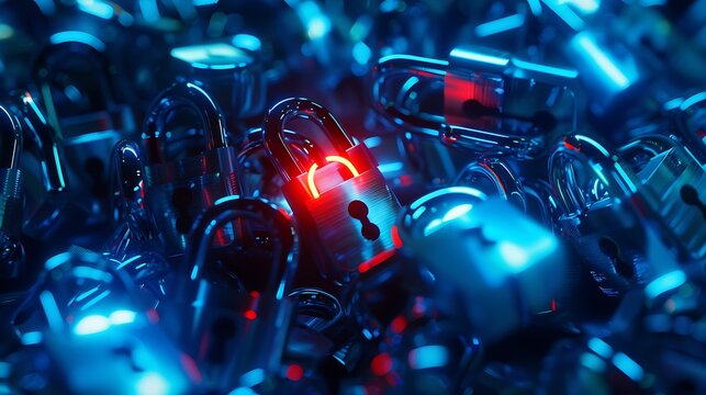 A collection of metallic padlocks illuminated with blue and red lights, creating a visually striking scene.
