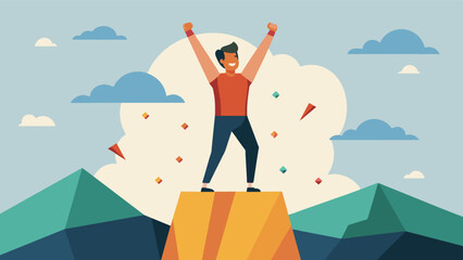Standing at the top of a rock climbing wall a man triumphantly raises his arms in victory after successfully conquering a challenging route.. Vector illustration