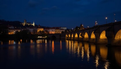Obraz premium Luminous Bridge Over Water at Night