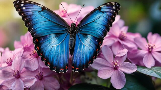 A blue morpho butterfly rests on delicate pink flowers in a garden