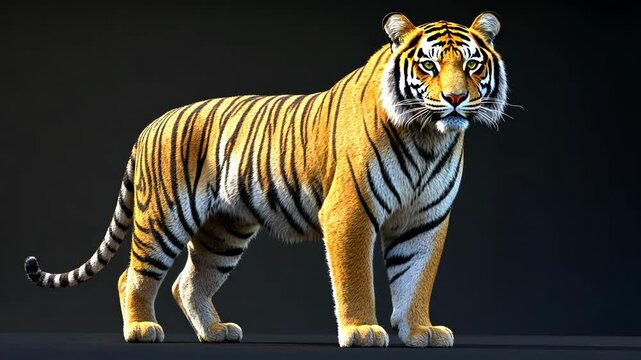A tiger stands on a dark background, its stripes clearly visible