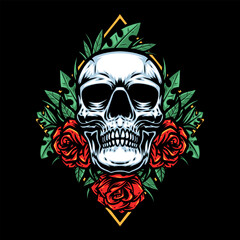 skull with roses and leaf floral illustration