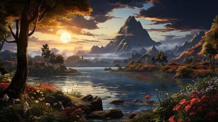 Obraz premium Tranquil Mountain Lake at Sunset