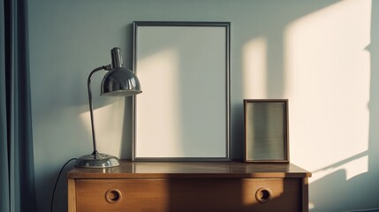 Surrealist Bauhaus style bedroom, with a blank vertical frame on the dressing table and a silver metal desk lamp. High resolution daytime indoor photography with a minimalist and modern design.