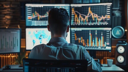 Obraz premium A person analyzing financial data on multiple screens in a modern workspace.