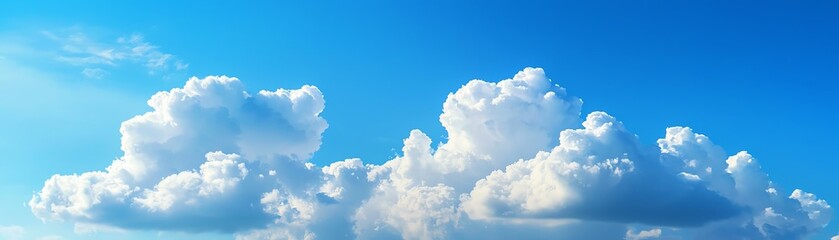 Naklejka premium Fluffy clouds against a clear blue sky, perfect for serene backgrounds.