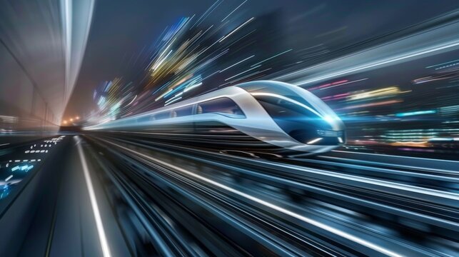 A futuristic hyperloop pod speeding through a vacuum tube, with sleek design and high-tech infrastructure visible, Innovative transportation setting with rapid transit