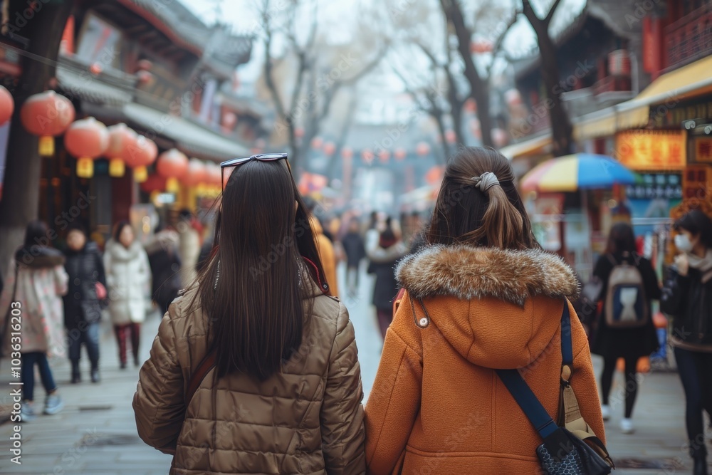 Wall mural Asian women travel lifestyle, China food market street in Beijing. Chinese tourists walking in city streets on Asia vacation tourism, panoramic banner. MZ