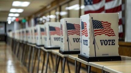 American Election Day: Empty Polling Station with Decorated Voting Booths for Presidential Vote Center in United States Democracy