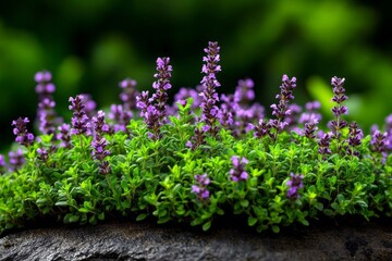 Fototapeta premium A patch of Thyme plants in full bloom, with their tiny purple flowers filling the air with a fragrant aroma