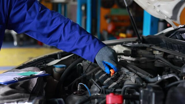 hispanic latin male mechanic repairs car in garage. Closeup hand. Auto car mechanic checking the oil level of the car engine. Car repair and maintenance