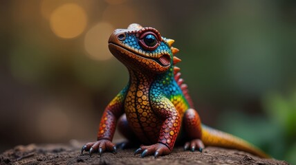 Fototapeta premium A colorful, hand-crafted dragon figurine with a friendly expression, perched on a brown surface.