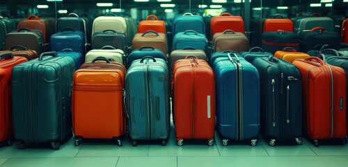Travel bags and luggage queued at an airport for handling.