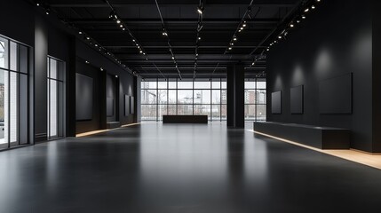 Obraz premium Minimalist black matte showroom interior, spacious and perfect for showcasing modern products and exhibitions. Smooth dark matte design creates an elegant and professional atmosphere
