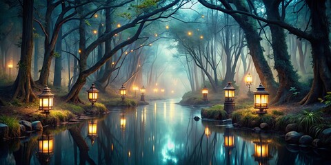 Naklejka premium A Serene Pathway Illuminated by Golden Lanterns Leading Through a Mist-Shrouded Forest