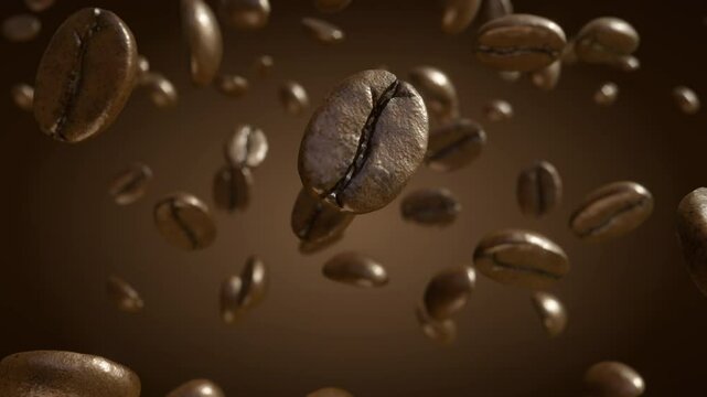 Roasted Coffee Beans are falling slow motion in front of dark and green screen background 3D animation 4K