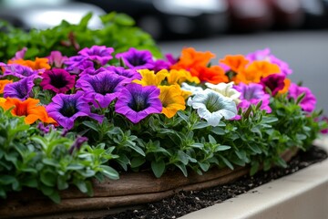 A vibrant garden bed filled with Petunias, their colorful blossoms creating a striking contrast against the green foliage