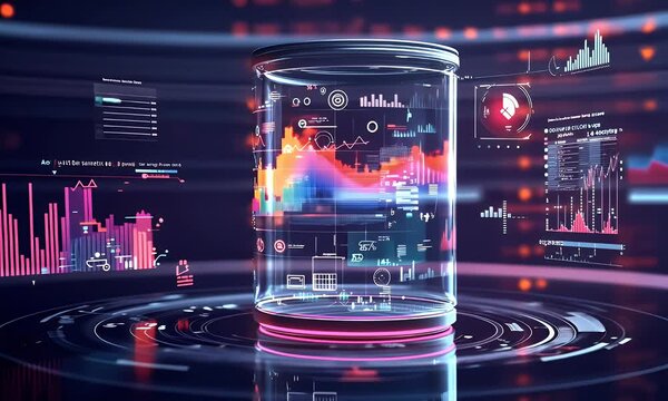 
A futuristic cylinder with data and graphs floating around it, creating an immersive experience for the user, representing advanced technology in business analytics or digital marketing tools. 