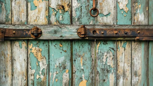 A close-up view of a weathered wooden door with peeling blue paint and rusty metal hinges