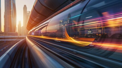 Fototapeta premium A futuristic hyperloop train speeding through a tube with futuristic cityscape visible through transparent walls, high-tech setting with advanced infrastructure and urban skyline, Futuristic style