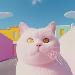 Close-up of a pink cat with yellow eyes against a pastel-colored urban backdrop. 3D digital illustration of a cat in a vibrant, minimalistic city setting. Modern design and surreal concept.