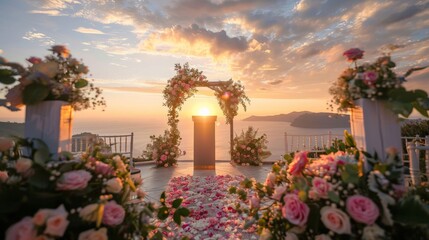Floral decorated podium at a wedding, set outdoors with a romantic sunset
