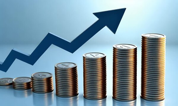 Digital illustration of stacks of coins and blue arrows pointing up on a dark background, a financial stock market concept with a money growth graph chart in a virtual screen
