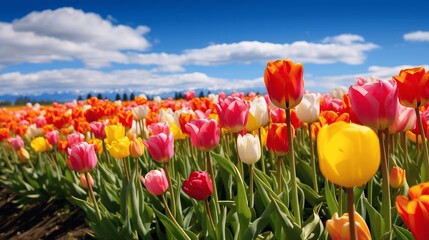 Colorful Tulip Field Under Sunny Sky