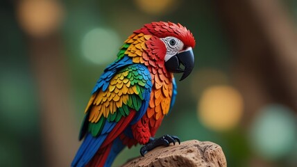 Fototapeta premium A vibrant scarlet macaw perched on a rock, its plumage reflecting the sunlight.
