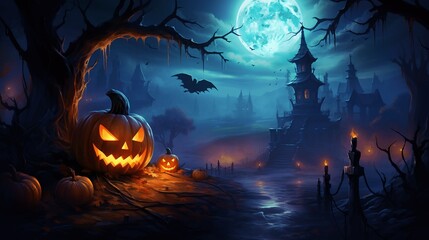 Spooky Halloween Night with Haunted House and Pumpkins
