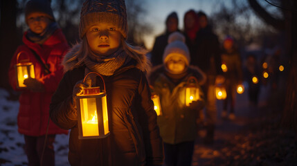 Children walking at night holding glowing lanterns outdoors.