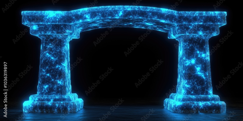 Poster futuristic glowing stone arch with vibrant blue energy patterns in dark space, symbolizes a gateway 