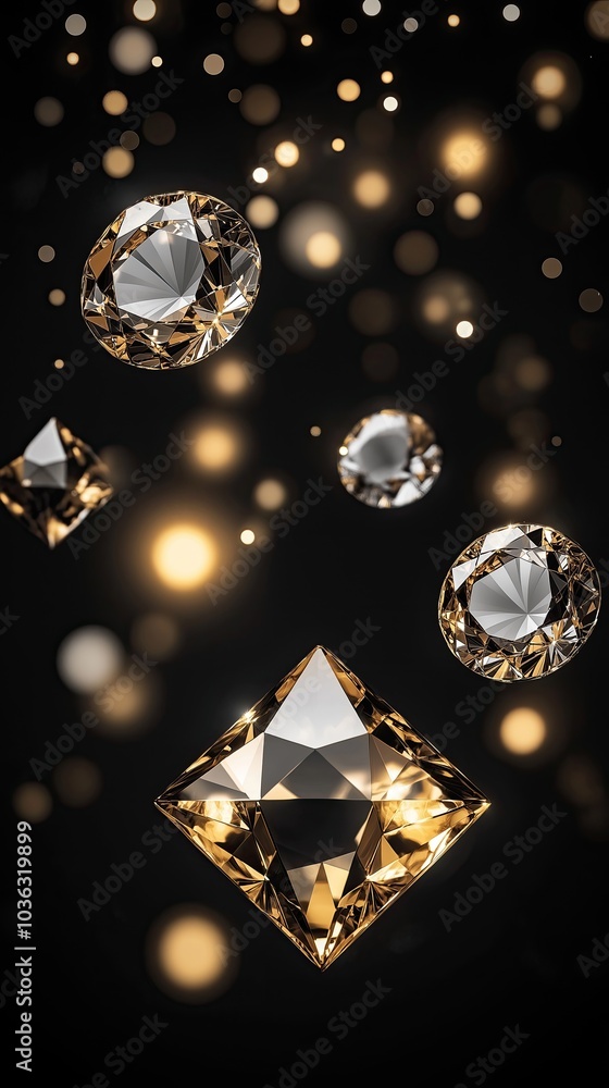 Poster beautiful shiny diamonds floating against a dark background with soft glowing lights creating an ele