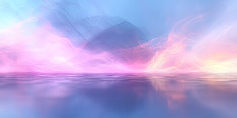 Vibrant abstract landscape featuring flowing waves in soft shades of pink and blue creating a serene and dreamy atmosphere with smooth textures and gentle gradients reflecting light on water