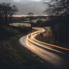 Fototapeta premium A winding, curvy rural road illuminated by light trails from vehicle headlights, weaving through the serene British countryside at dusk. This picturesque scene captures the peaceful, natural beauty of