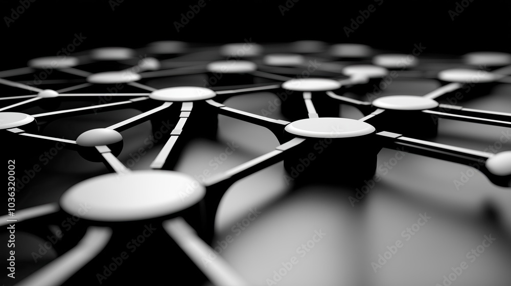 Poster abstract network design featuring interconnected white circles and black lines on a dark background 