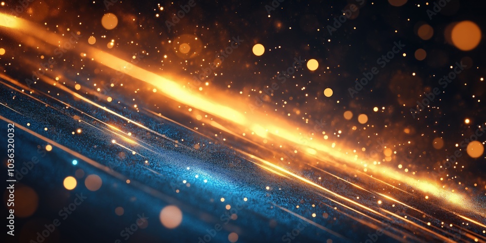 Poster colorful abstract depiction of glowing golden and blue lines with sparkling particles in dark backgr