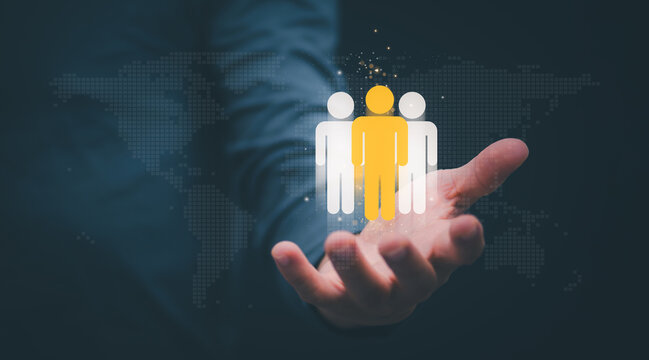 Businessman showing the linkage of organizational structure with effective management and have leadership in team building, human resource management concepts, strategic goals for business growth